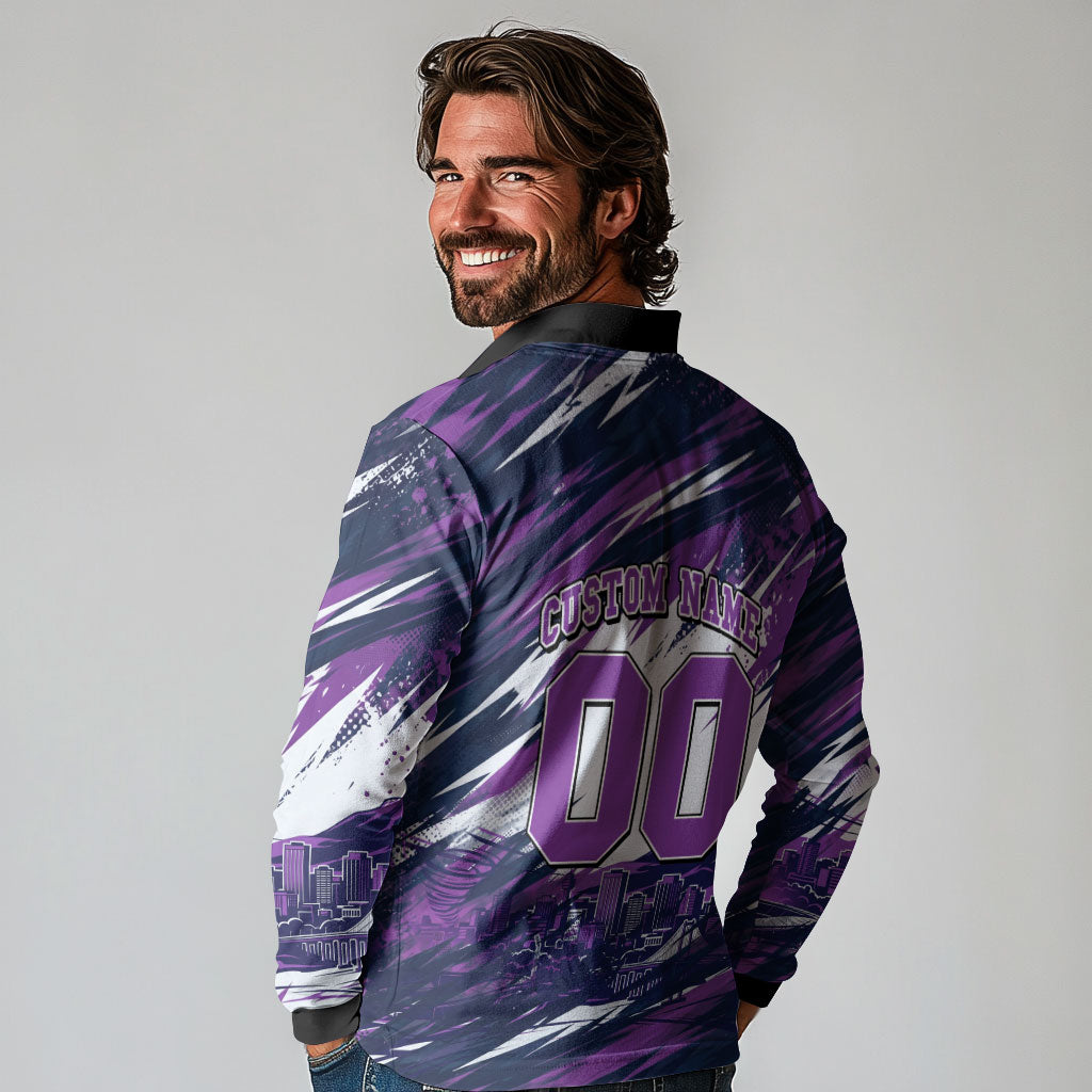 Personalised Hobart Hurricanes Cricket Fan Pride Long Sleeve Polo Shirt Dynamic Swirling Storm Cricket Graphic Art With Hobart Skyline