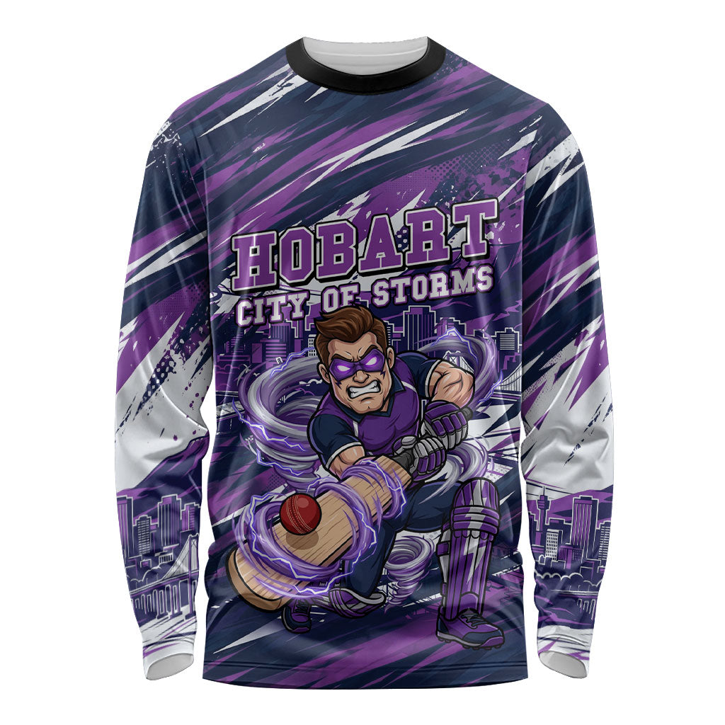 Personalised Hobart Hurricanes Cricket Fan Pride Long Sleeve Shirt Dynamic Swirling Storm Cricket Graphic Art With Hobart Skyline