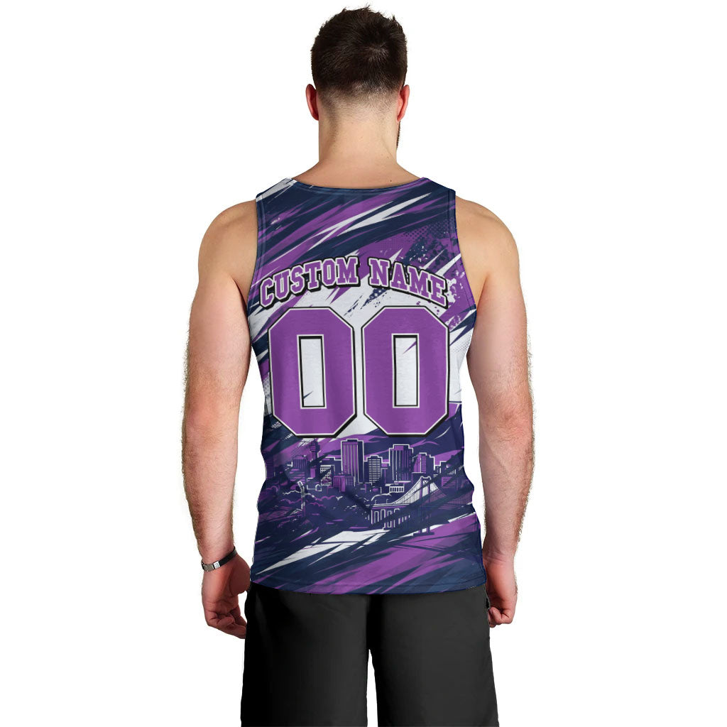 Personalised Hobart Hurricanes Cricket Fan Pride Men Tank Top Dynamic Swirling Storm Cricket Graphic Art With Hobart Skyline