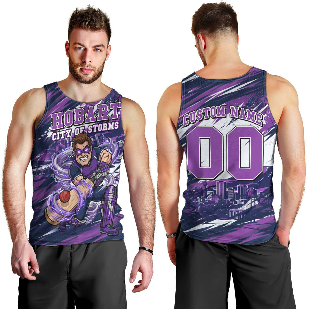 Personalised Hobart Hurricanes Cricket Fan Pride Men Tank Top Dynamic Swirling Storm Cricket Graphic Art With Hobart Skyline