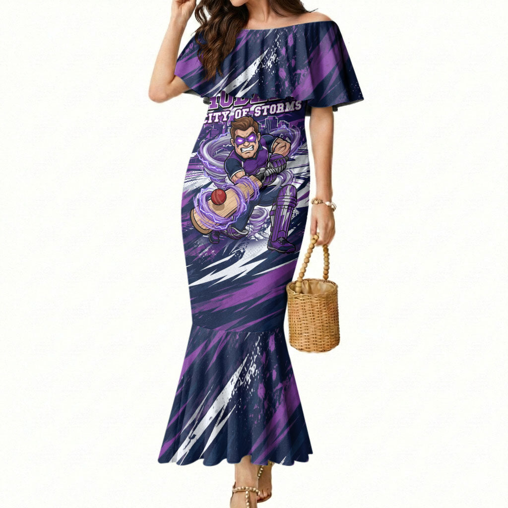 Personalised Hobart Hurricanes Cricket Fan Pride Mermaid Dress Dynamic Swirling Storm Cricket Graphic Art With Hobart Skyline
