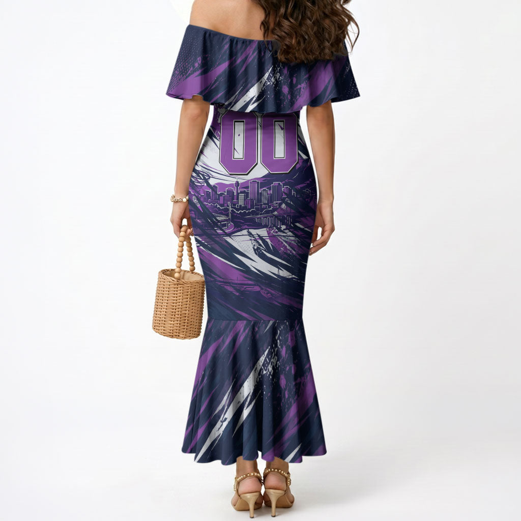 Personalised Hobart Hurricanes Cricket Fan Pride Mermaid Dress Dynamic Swirling Storm Cricket Graphic Art With Hobart Skyline