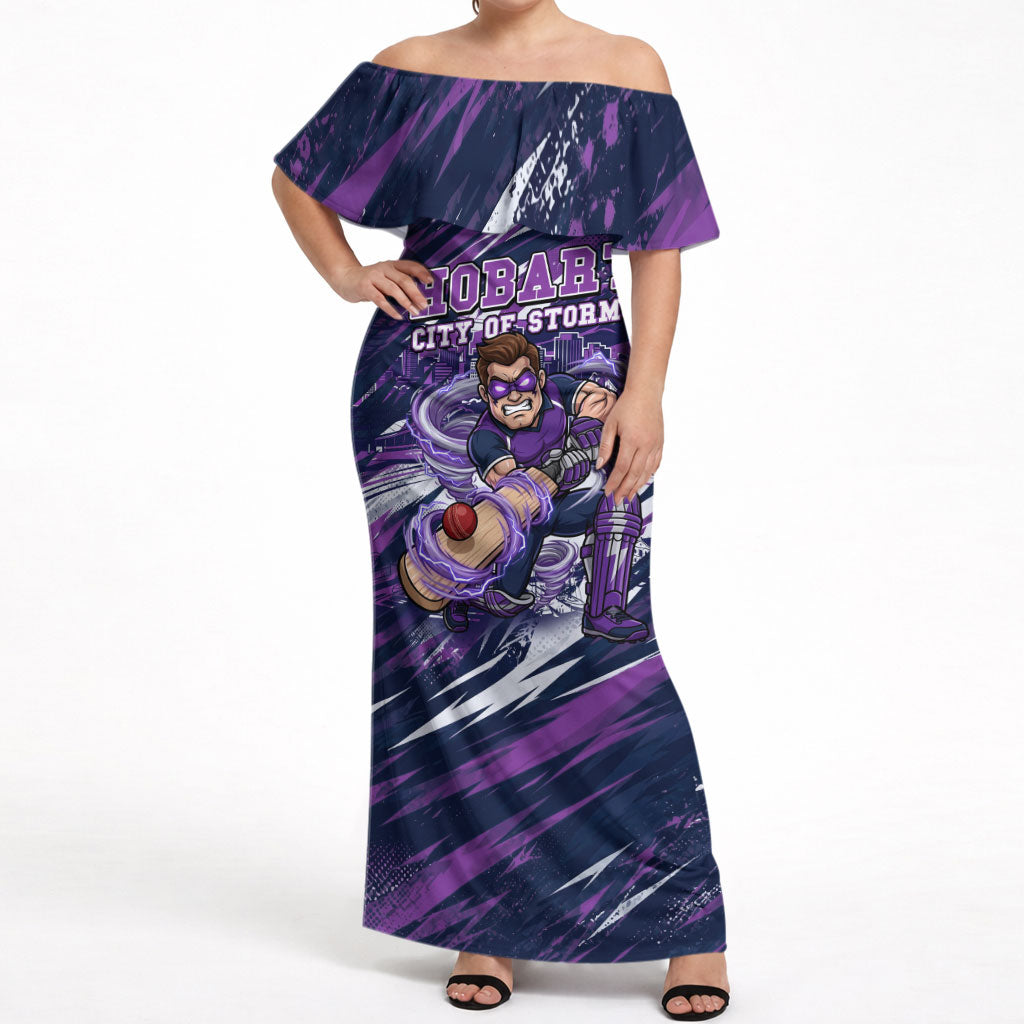 Personalised Hobart Hurricanes Cricket Fan Pride Off Shoulder Maxi Dress Dynamic Swirling Storm Cricket Graphic Art With Hobart Skyline