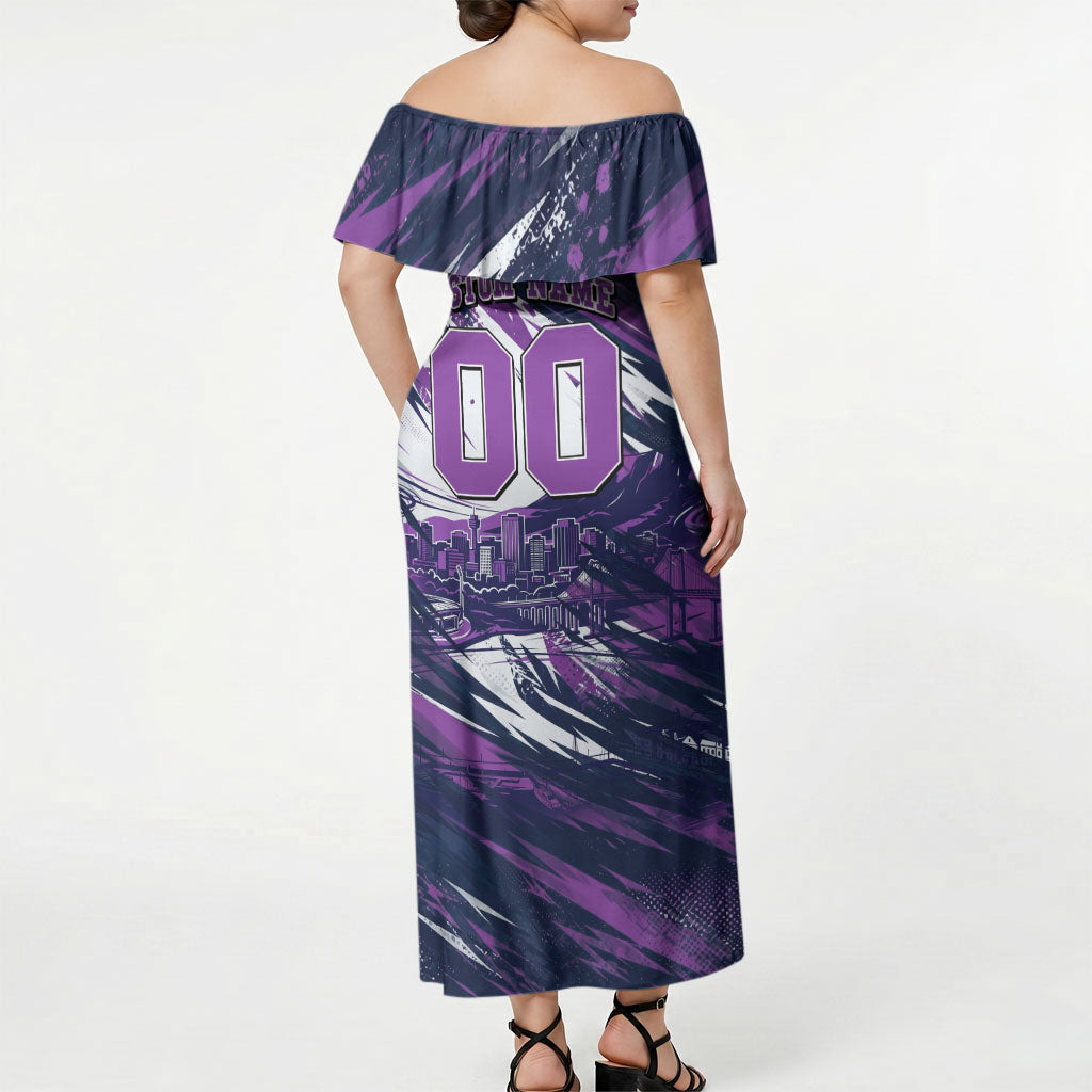 Personalised Hobart Hurricanes Cricket Fan Pride Off Shoulder Maxi Dress Dynamic Swirling Storm Cricket Graphic Art With Hobart Skyline