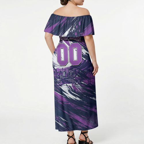 Personalised Hobart Hurricanes Cricket Fan Pride Off Shoulder Maxi Dress Dynamic Swirling Storm Cricket Graphic Art With Hobart Skyline
