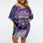 Personalised Hobart Hurricanes Cricket Fan Pride Off Shoulder Short Dress Dynamic Swirling Storm Cricket Graphic Art With Hobart Skyline