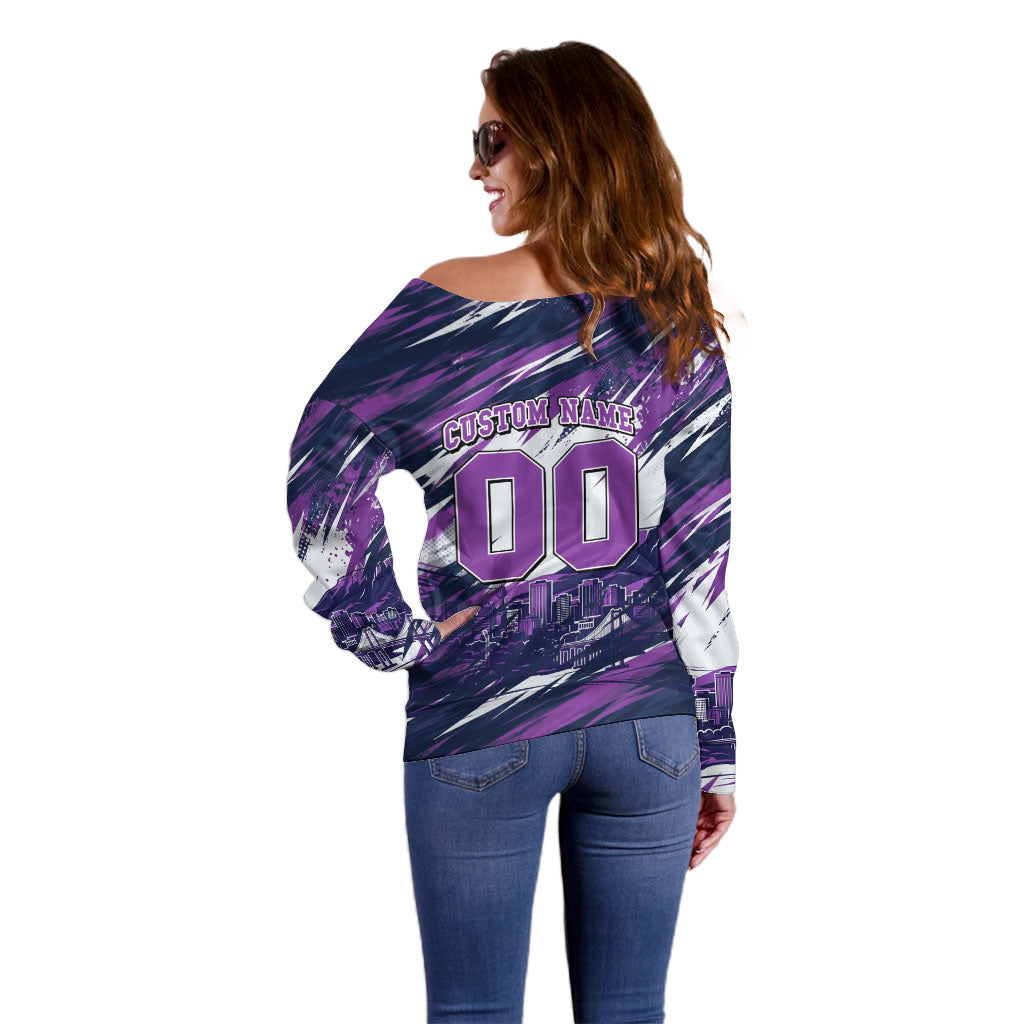 Personalised Hobart Hurricanes Cricket Fan Pride Off Shoulder Sweater Dynamic Swirling Storm Cricket Graphic Art With Hobart Skyline