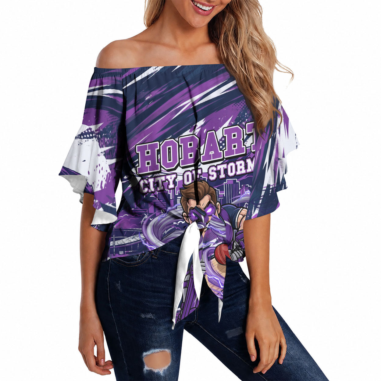 Personalised Hobart Hurricanes Cricket Fan Pride Off Shoulder Wrap Waist Top Dynamic Swirling Storm Cricket Graphic Art With Hobart Skyline