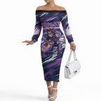 Personalised Hobart Hurricanes Cricket Fan Pride Off The Shoulder Long Sleeve Dress Dynamic Swirling Storm Cricket Graphic Art With Hobart Skyline