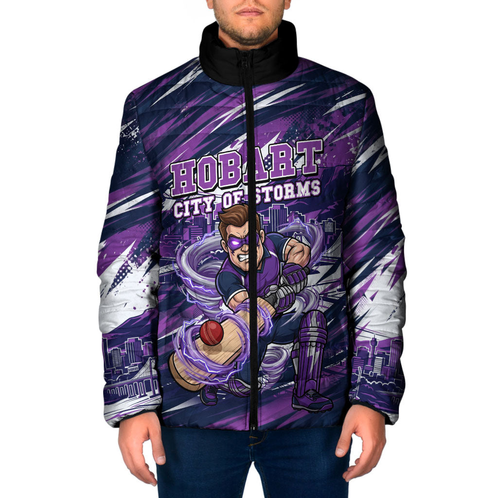 Personalised Hobart Hurricanes Cricket Fan Pride Padded Jacket Dynamic Swirling Storm Cricket Graphic Art With Hobart Skyline