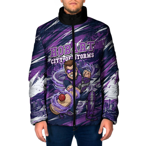 Personalised Hobart Hurricanes Cricket Fan Pride Padded Jacket Dynamic Swirling Storm Cricket Graphic Art With Hobart Skyline