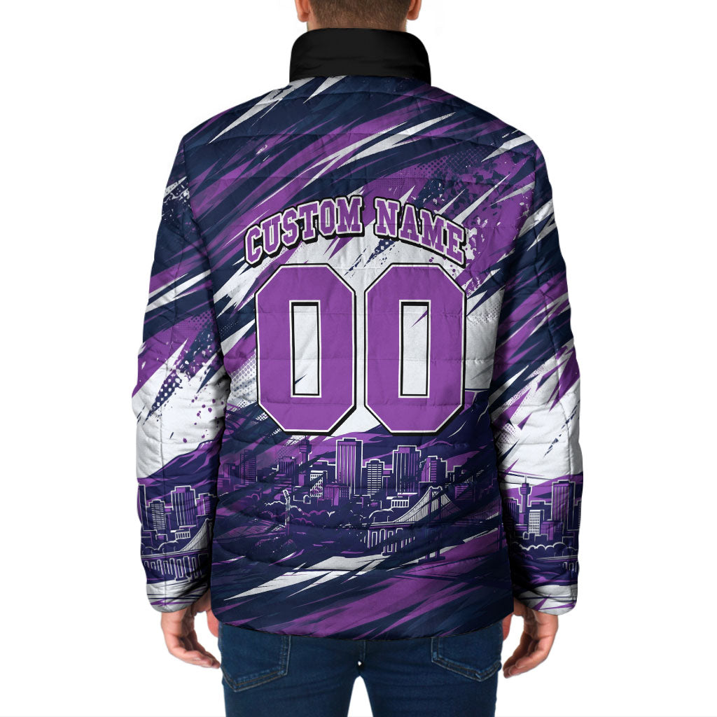 Personalised Hobart Hurricanes Cricket Fan Pride Padded Jacket Dynamic Swirling Storm Cricket Graphic Art With Hobart Skyline