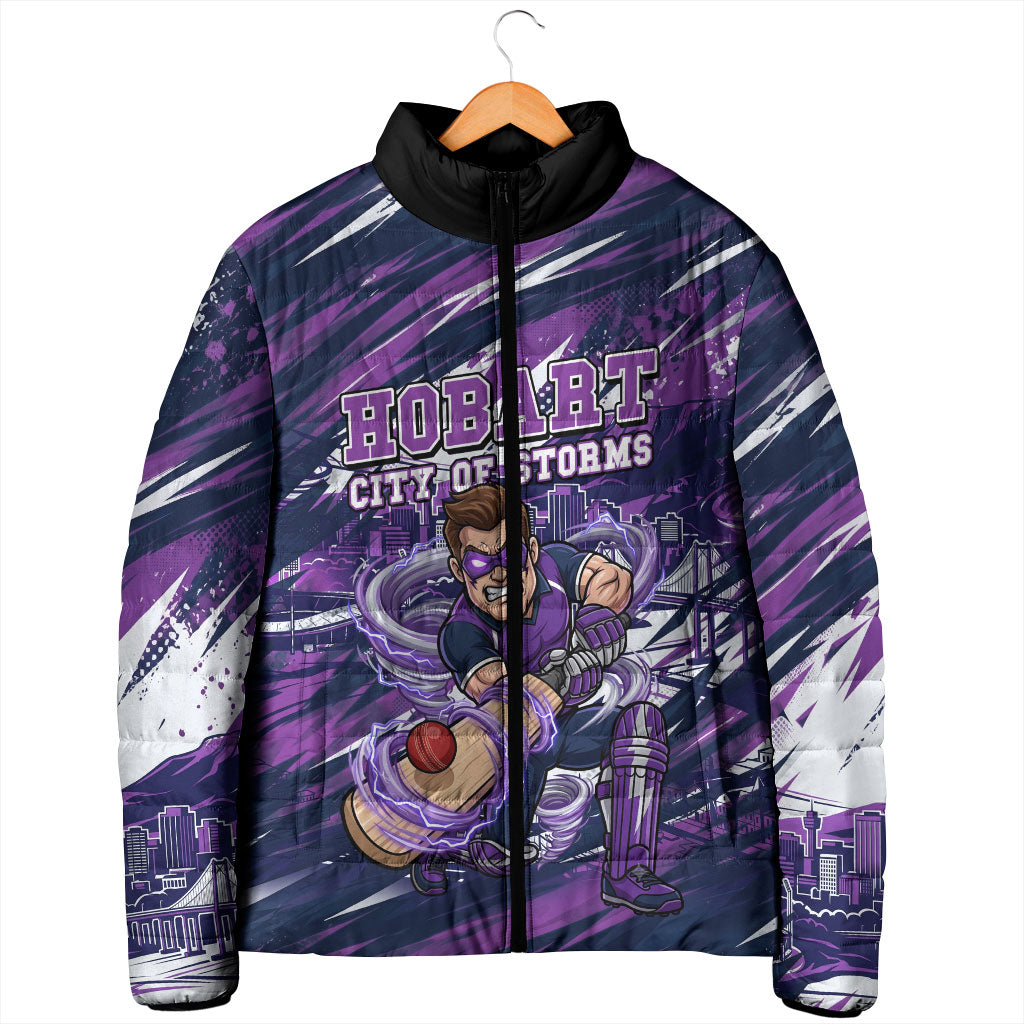 Personalised Hobart Hurricanes Cricket Fan Pride Padded Jacket Dynamic Swirling Storm Cricket Graphic Art With Hobart Skyline