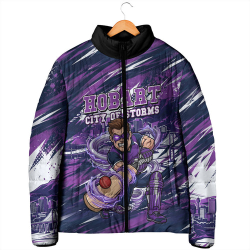 Personalised Hobart Hurricanes Cricket Fan Pride Padded Jacket Dynamic Swirling Storm Cricket Graphic Art With Hobart Skyline