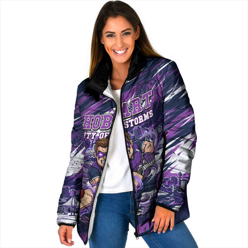 Personalised Hobart Hurricanes Cricket Fan Pride Padded Jacket Dynamic Swirling Storm Cricket Graphic Art With Hobart Skyline