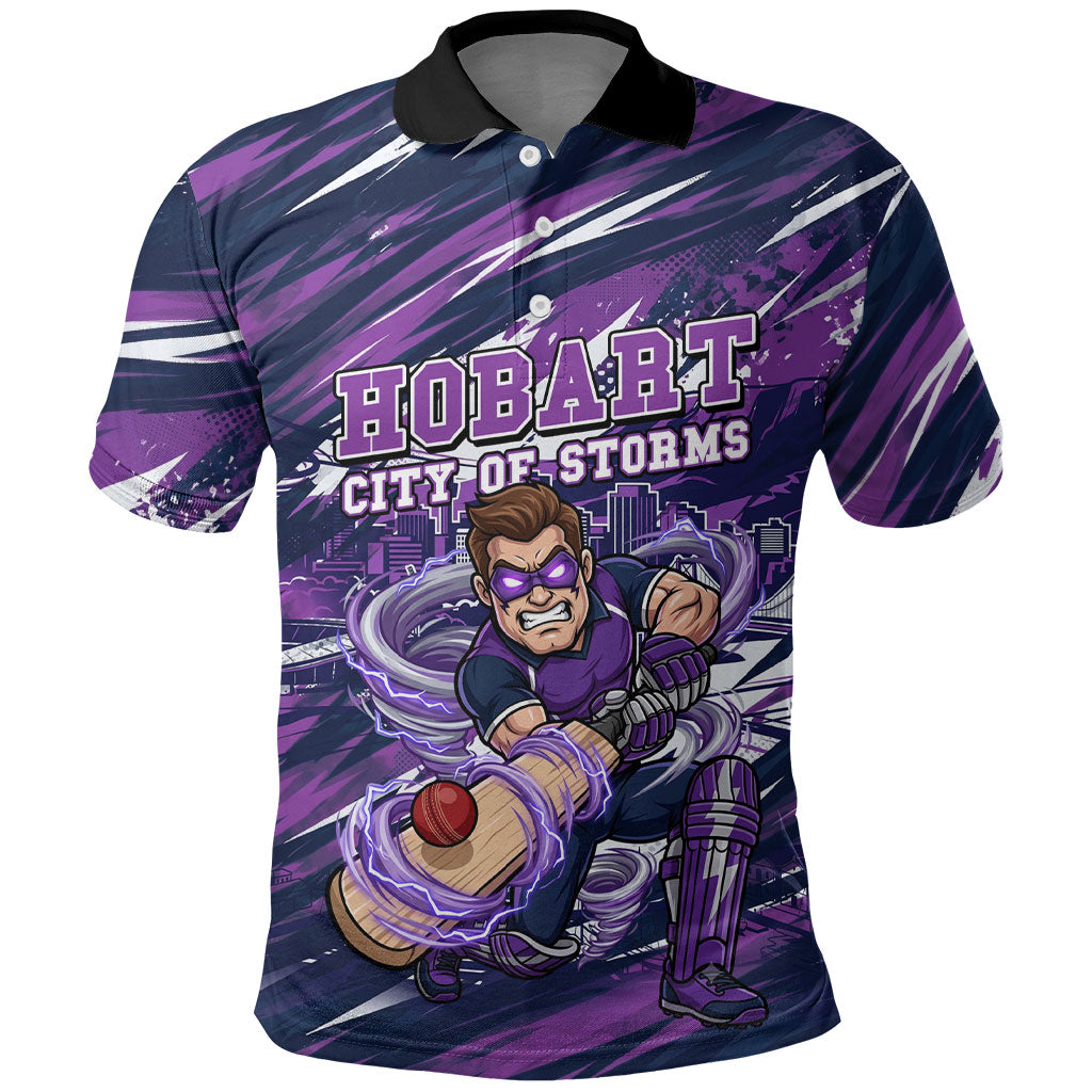 Personalised Hobart Hurricanes Cricket Fan Pride Polo Shirt Dynamic Swirling Storm Cricket Graphic Art With Hobart Skyline