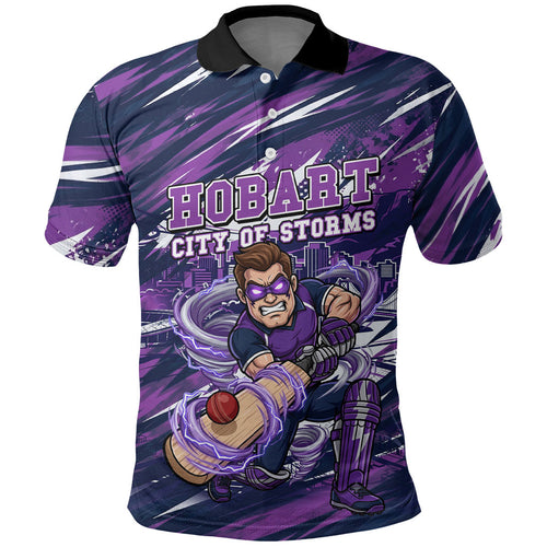 Personalised Hobart Hurricanes Cricket Fan Pride Polo Shirt Dynamic Swirling Storm Cricket Graphic Art With Hobart Skyline