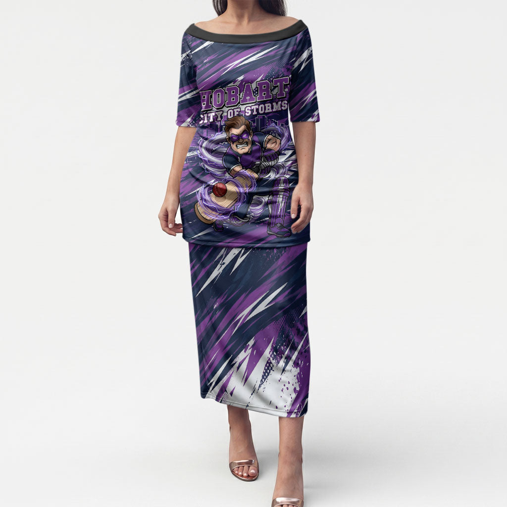 Personalised Hobart Hurricanes Cricket Fan Pride Puletasi Dynamic Swirling Storm Cricket Graphic Art With Hobart Skyline