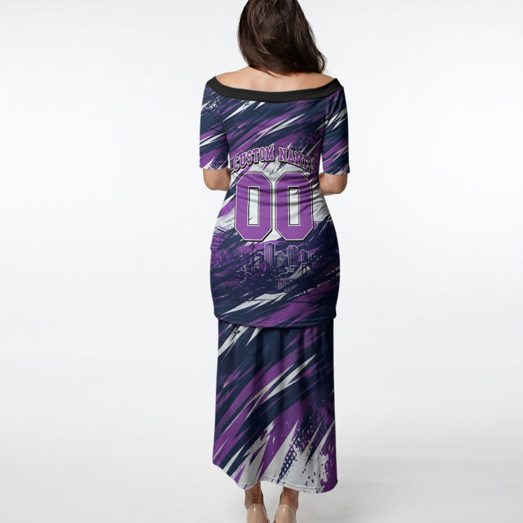 Personalised Hobart Hurricanes Cricket Fan Pride Puletasi Dynamic Swirling Storm Cricket Graphic Art With Hobart Skyline