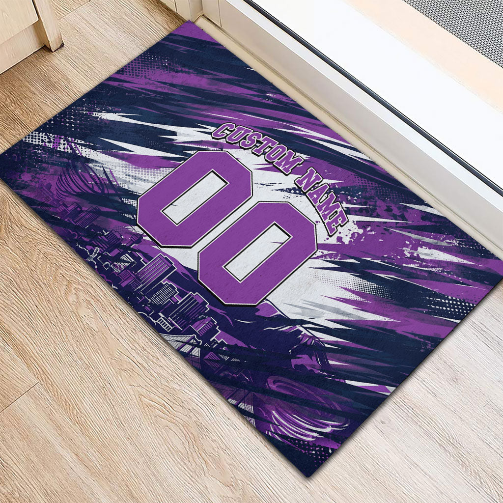 Personalised Hobart Hurricanes Cricket Fan Pride Rubber Doormat Dynamic Swirling Storm Cricket Graphic Art With Hobart Skyline