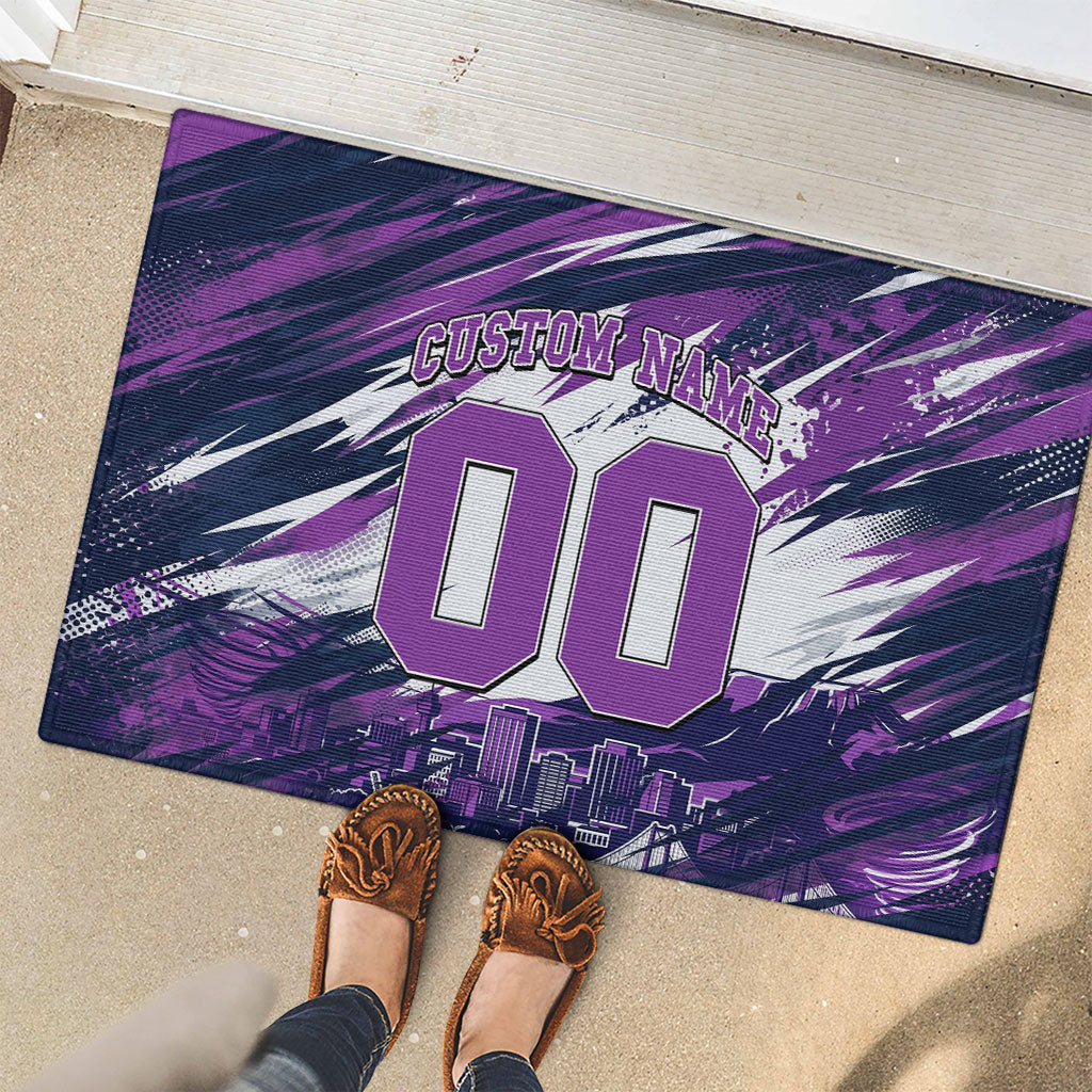 Personalised Hobart Hurricanes Cricket Fan Pride Rubber Doormat Dynamic Swirling Storm Cricket Graphic Art With Hobart Skyline
