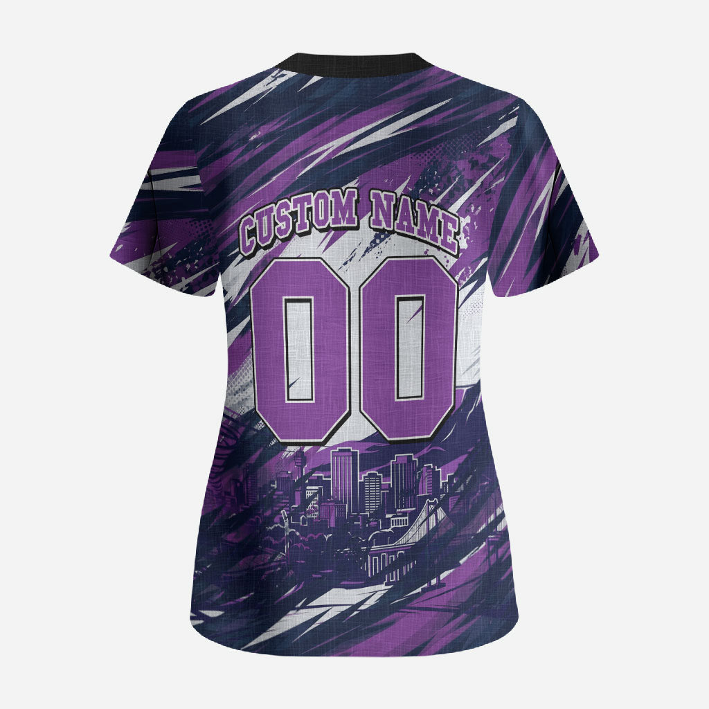 Personalised Hobart Hurricanes Cricket Fan Pride Scrub Top Dynamic Swirling Storm Cricket Graphic Art With Hobart Skyline