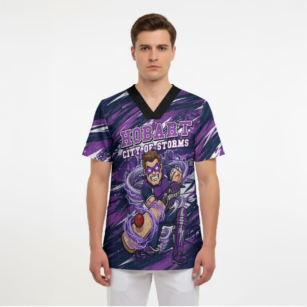 Personalised Hobart Hurricanes Cricket Fan Pride Scrub Top Dynamic Swirling Storm Cricket Graphic Art With Hobart Skyline