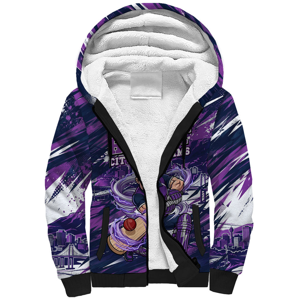 Personalised Hobart Hurricanes Cricket Fan Pride Sherpa Hoodie Dynamic Swirling Storm Cricket Graphic Art With Hobart Skyline