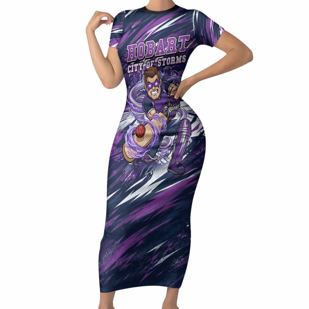 Personalised Hobart Hurricanes Cricket Fan Pride Short Sleeve Bodycon Dress Dynamic Swirling Storm Cricket Graphic Art With Hobart Skyline