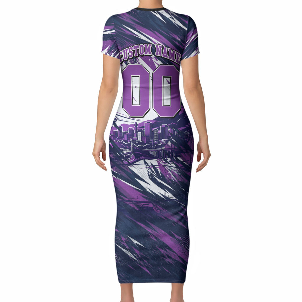 Personalised Hobart Hurricanes Cricket Fan Pride Short Sleeve Bodycon Dress Dynamic Swirling Storm Cricket Graphic Art With Hobart Skyline