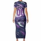 Personalised Hobart Hurricanes Cricket Fan Pride Short Sleeve Bodycon Dress Dynamic Swirling Storm Cricket Graphic Art With Hobart Skyline