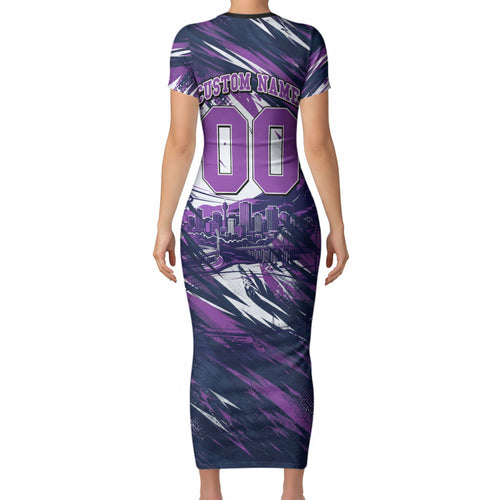 Personalised Hobart Hurricanes Cricket Fan Pride Short Sleeve Bodycon Dress Dynamic Swirling Storm Cricket Graphic Art With Hobart Skyline