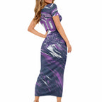 Personalised Hobart Hurricanes Cricket Fan Pride Short Sleeve Bodycon Dress Dynamic Swirling Storm Cricket Graphic Art With Hobart Skyline
