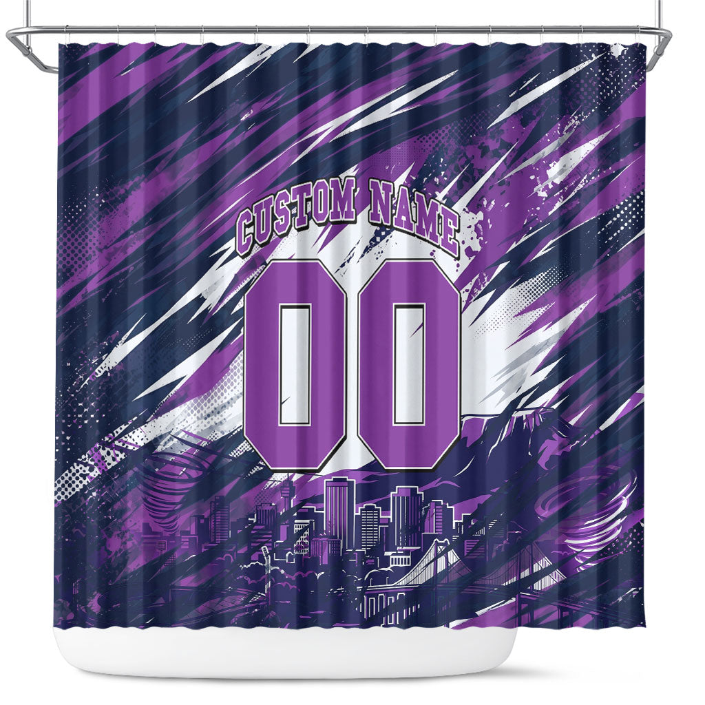 Personalised Hobart Hurricanes Cricket Fan Pride Shower Curtain Dynamic Swirling Storm Cricket Graphic Art With Hobart Skyline