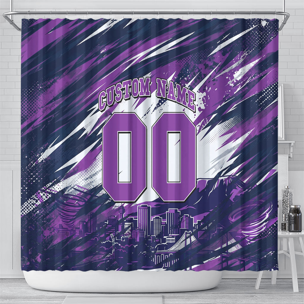 Personalised Hobart Hurricanes Cricket Fan Pride Shower Curtain Dynamic Swirling Storm Cricket Graphic Art With Hobart Skyline