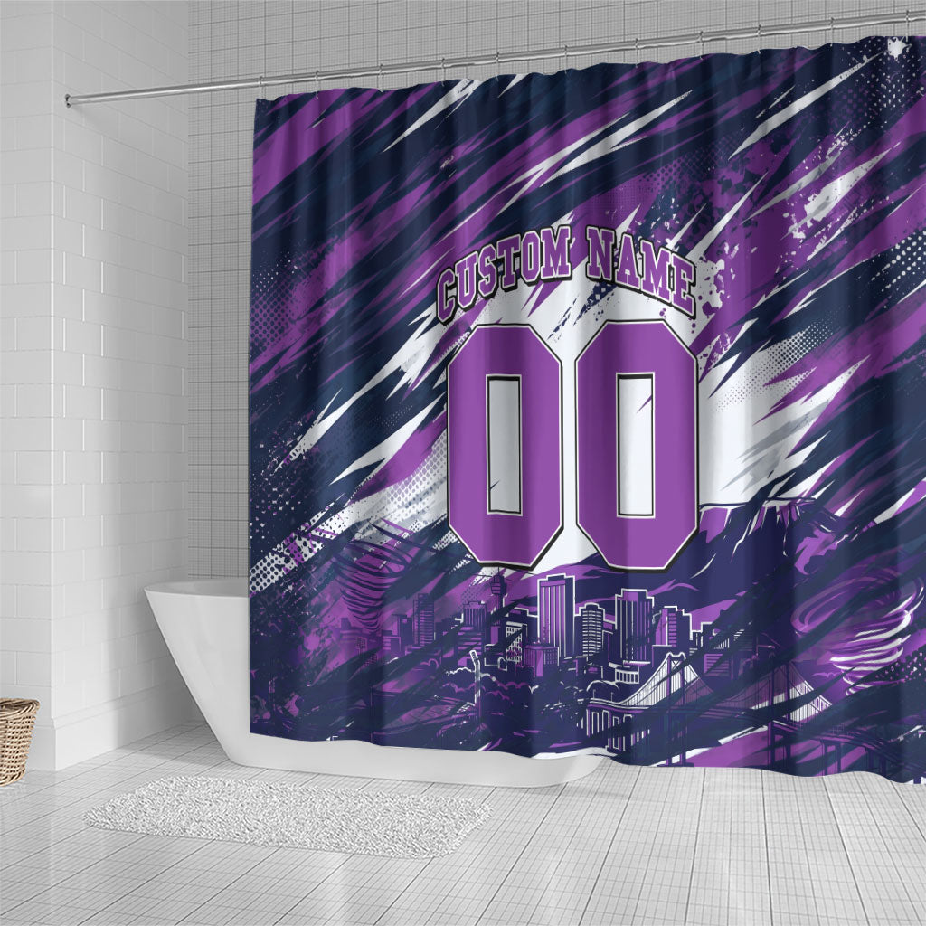 Personalised Hobart Hurricanes Cricket Fan Pride Shower Curtain Dynamic Swirling Storm Cricket Graphic Art With Hobart Skyline