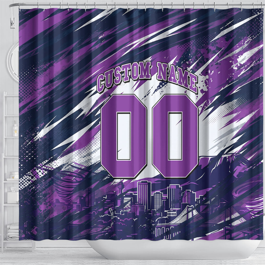 Personalised Hobart Hurricanes Cricket Fan Pride Shower Curtain Dynamic Swirling Storm Cricket Graphic Art With Hobart Skyline