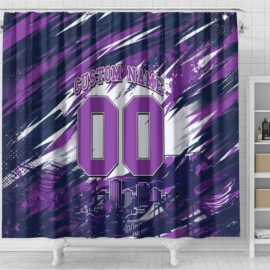 Personalised Hobart Hurricanes Cricket Fan Pride Shower Curtain Dynamic Swirling Storm Cricket Graphic Art With Hobart Skyline