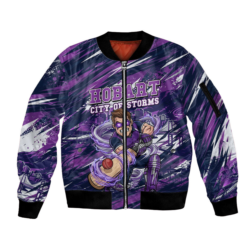 Personalised Hobart Hurricanes Cricket Fan Pride Sleeve Zip Bomber Jacket Dynamic Swirling Storm Cricket Graphic Art With Hobart Skyline
