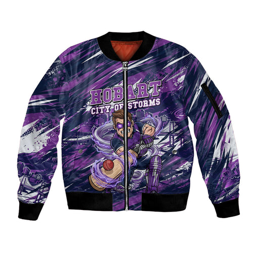 Personalised Hobart Hurricanes Cricket Fan Pride Sleeve Zip Bomber Jacket Dynamic Swirling Storm Cricket Graphic Art With Hobart Skyline