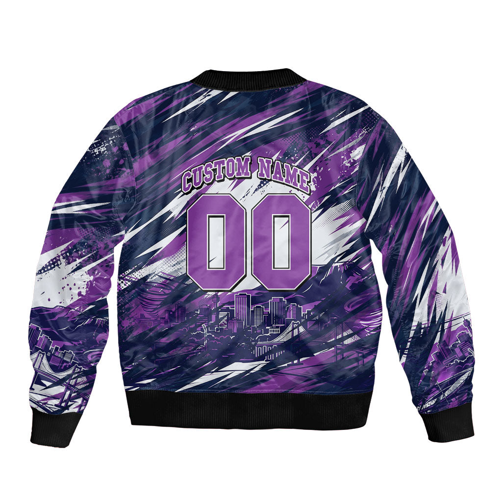 Personalised Hobart Hurricanes Cricket Fan Pride Sleeve Zip Bomber Jacket Dynamic Swirling Storm Cricket Graphic Art With Hobart Skyline