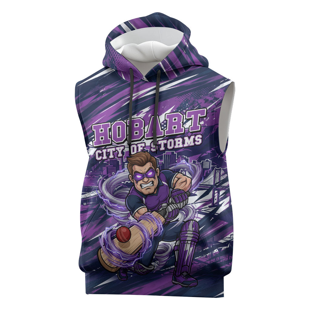 Personalised Hobart Hurricanes Cricket Fan Pride Sleeveless Hoodie Dynamic Swirling Storm Cricket Graphic Art With Hobart Skyline