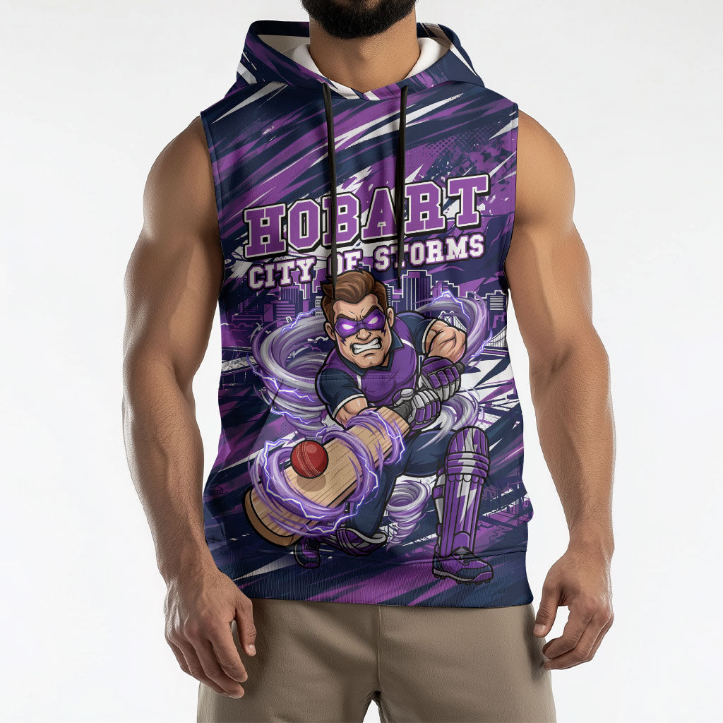 Personalised Hobart Hurricanes Cricket Fan Pride Sleeveless Hoodie Dynamic Swirling Storm Cricket Graphic Art With Hobart Skyline