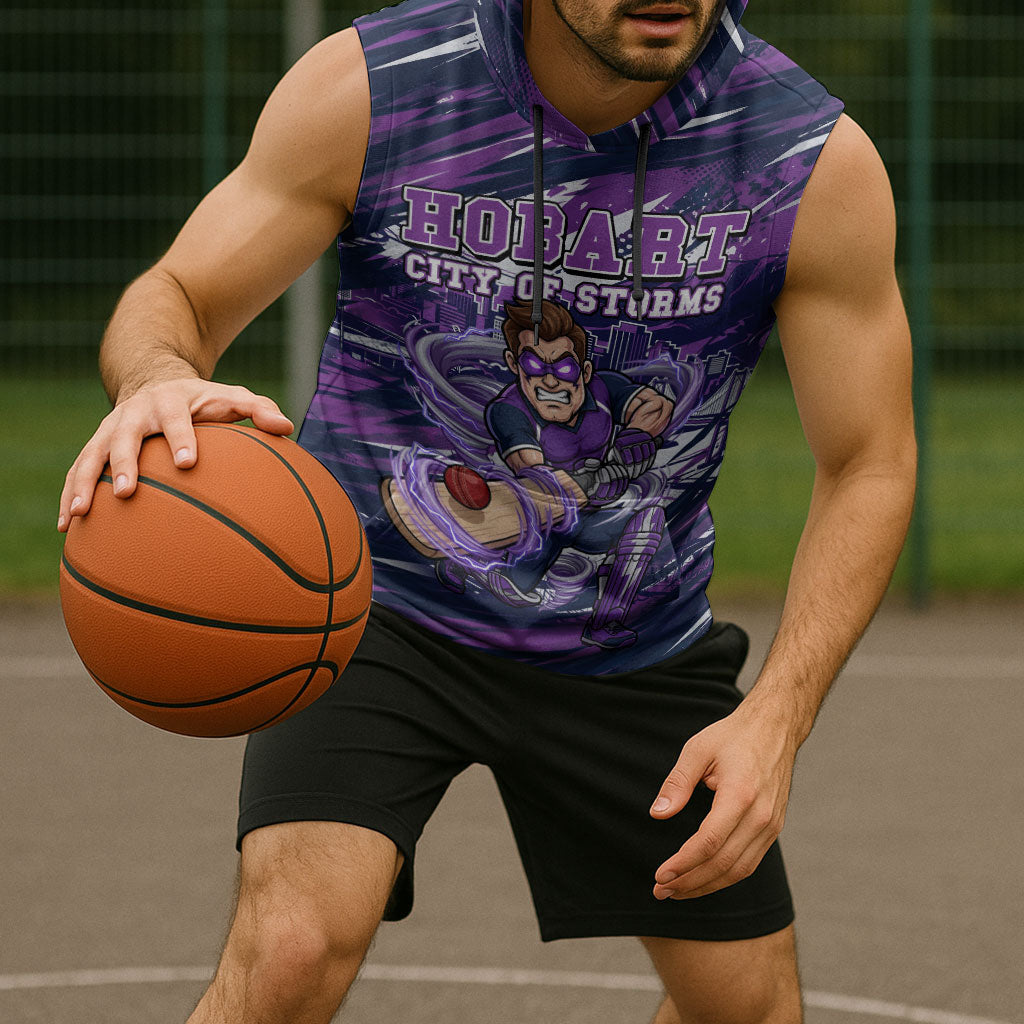 Personalised Hobart Hurricanes Cricket Fan Pride Sleeveless Hoodie Dynamic Swirling Storm Cricket Graphic Art With Hobart Skyline