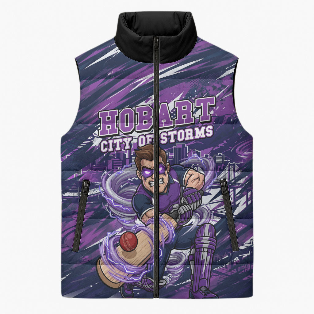 Personalised Hobart Hurricanes Cricket Fan Pride Sleeveless Puffer Jacket Dynamic Swirling Storm Cricket Graphic Art With Hobart Skyline