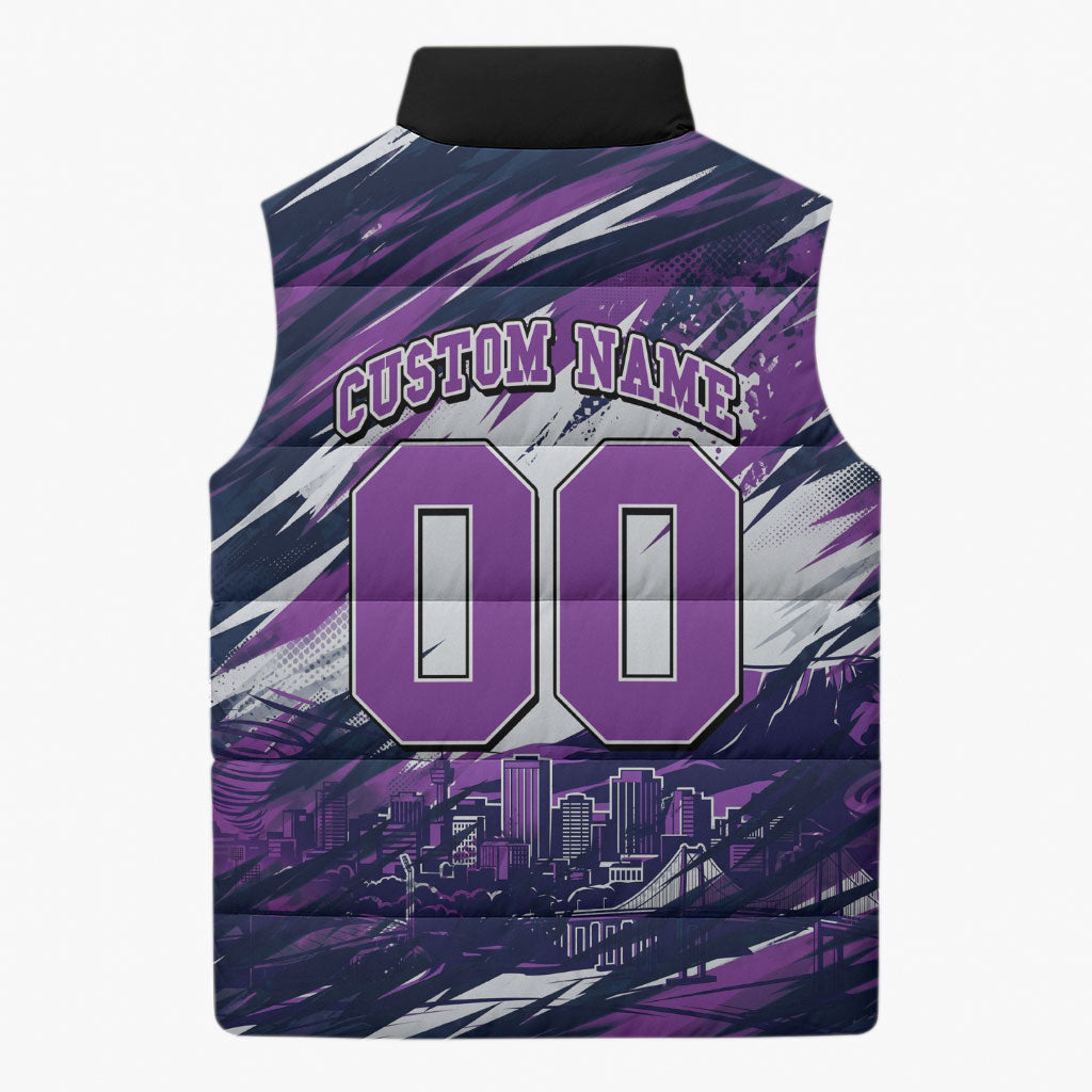 Personalised Hobart Hurricanes Cricket Fan Pride Sleeveless Puffer Jacket Dynamic Swirling Storm Cricket Graphic Art With Hobart Skyline