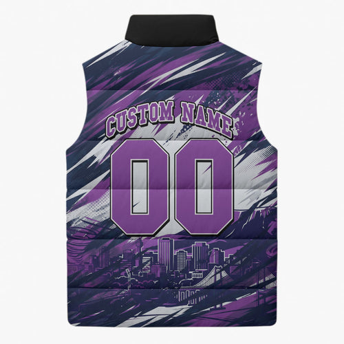 Personalised Hobart Hurricanes Cricket Fan Pride Sleeveless Puffer Jacket Dynamic Swirling Storm Cricket Graphic Art With Hobart Skyline