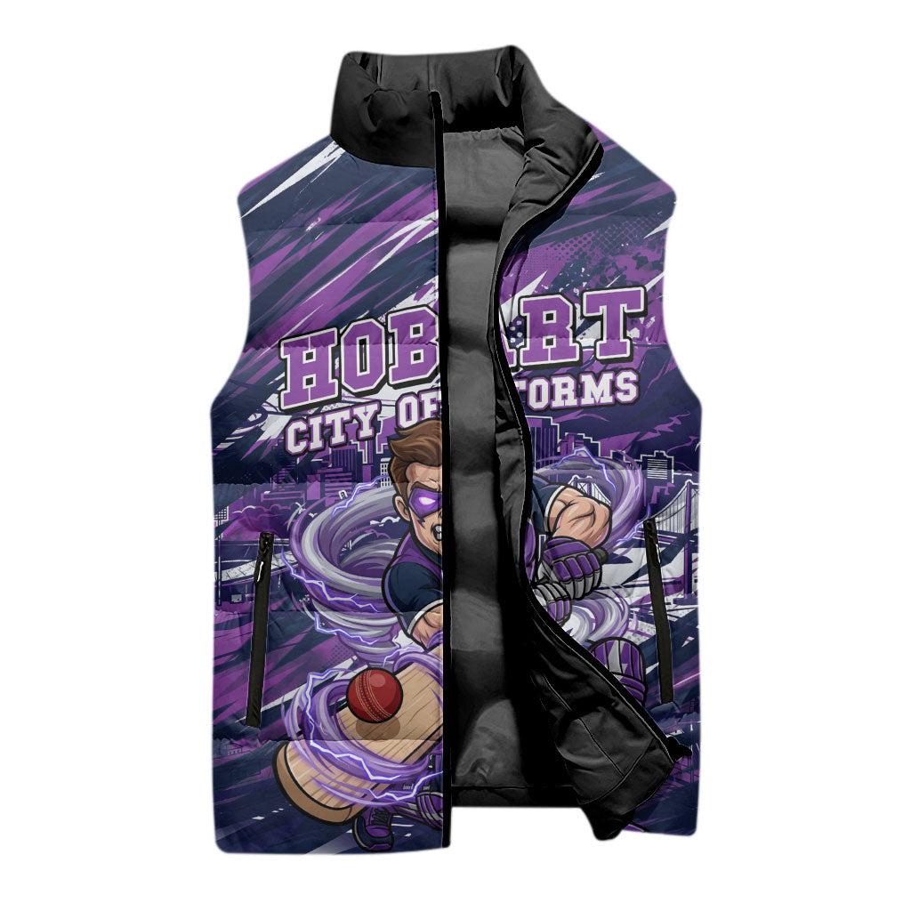 Personalised Hobart Hurricanes Cricket Fan Pride Sleeveless Puffer Jacket Dynamic Swirling Storm Cricket Graphic Art With Hobart Skyline