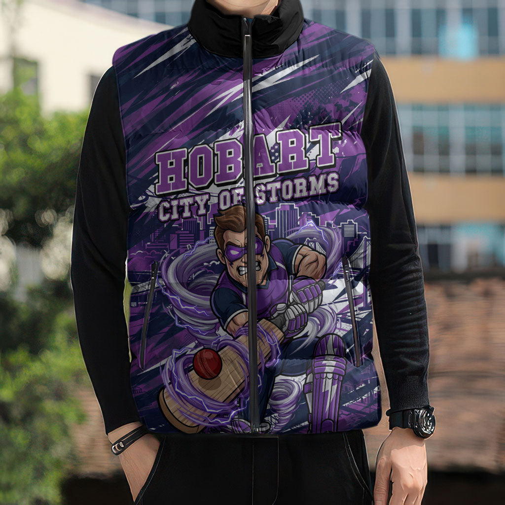 Personalised Hobart Hurricanes Cricket Fan Pride Sleeveless Puffer Jacket Dynamic Swirling Storm Cricket Graphic Art With Hobart Skyline