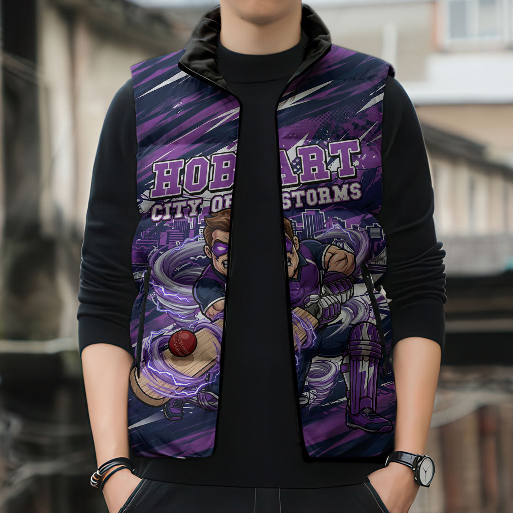 Personalised Hobart Hurricanes Cricket Fan Pride Sleeveless Puffer Jacket Dynamic Swirling Storm Cricket Graphic Art With Hobart Skyline